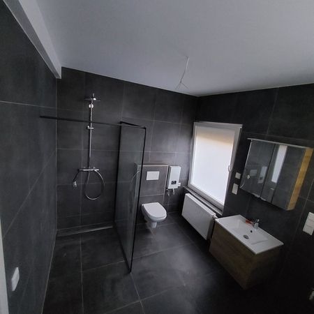 Hochwertig saniertes Badezimmer mit Dusche, WC und dunklen Fliesen