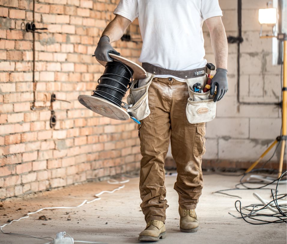 Handwerker bei Elektroinstallationen auf einer Baustelle von VSV Renovierungen